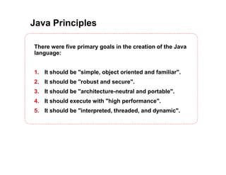 Java Principles
There were five primary goals in the creation of the Java
language:
1. It should be "simple, object oriented and familiar".
2. It should be "robust and secure".
3. It should be "architecture-neutral and portable".
4. It should execute with "high performance".
5. It should be "interpreted, threaded, and dynamic".
 