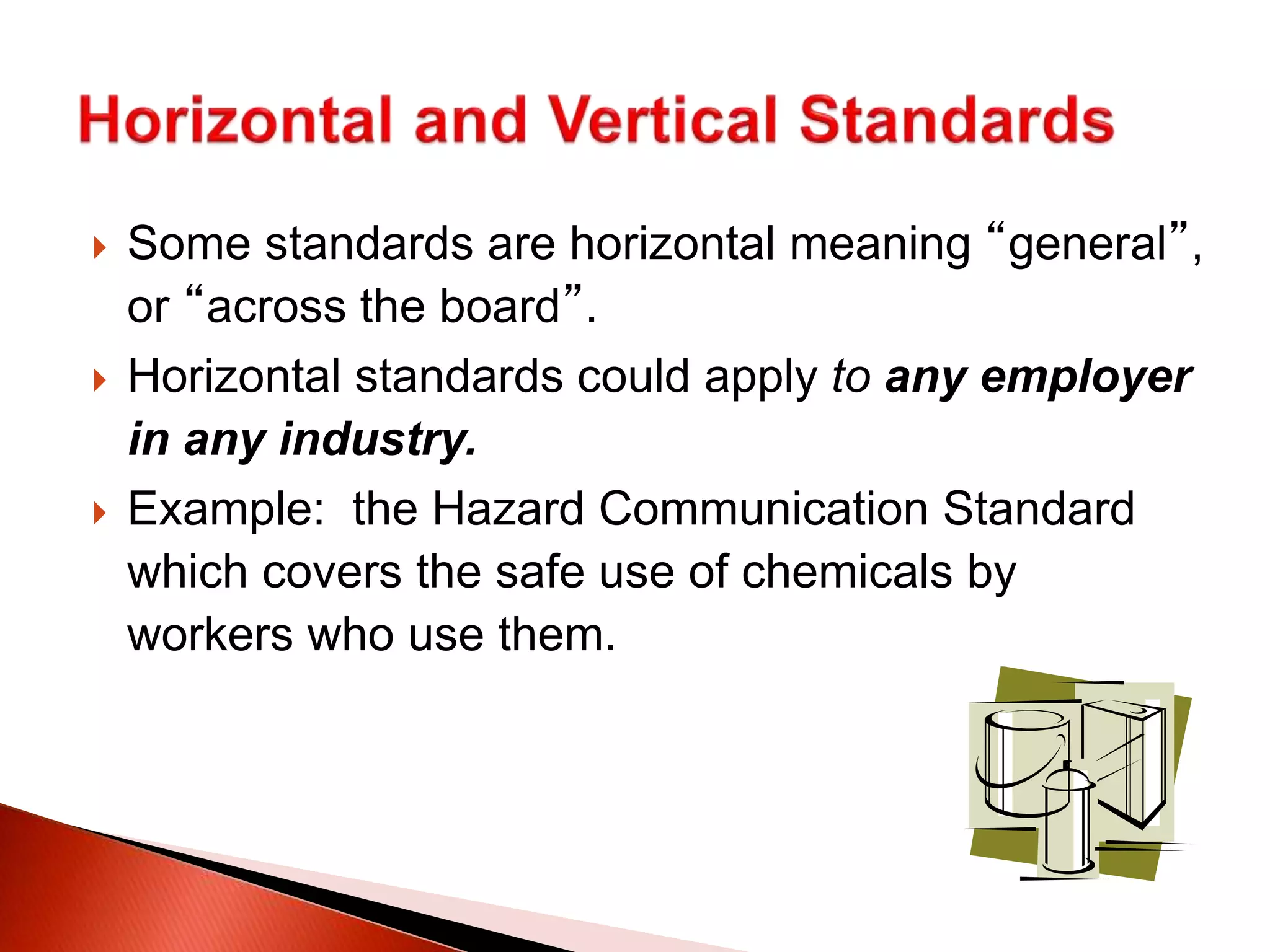  Some standards are horizontal meaning “general”,
or “across the board”.
 Horizontal standards could apply to any employer
in any industry.
 Example: the Hazard Communication Standard
which covers the safe use of chemicals by
workers who use them.
 