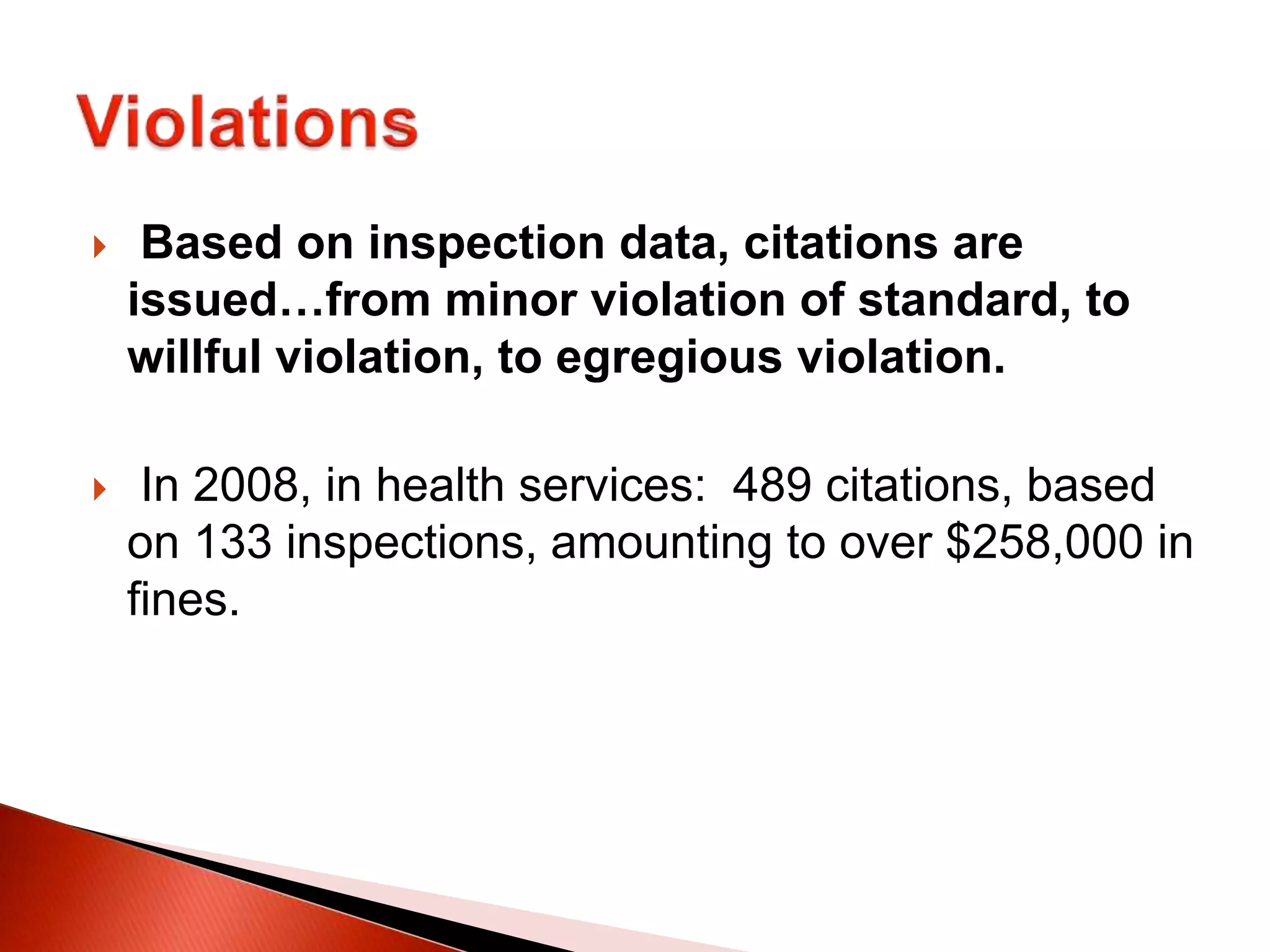  Based on inspection data, citations are
issued…from minor violation of standard, to
willful violation, to egregious violation.
 In 2008, in health services: 489 citations, based
on 133 inspections, amounting to over $258,000 in
fines.
 