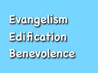 Evangelism
Ediﬁcation
Benevolence
 