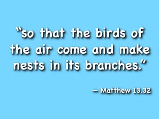 “so that the birds of
the air come and make
 nests in its branches.”
              — Matthew 13.32
 