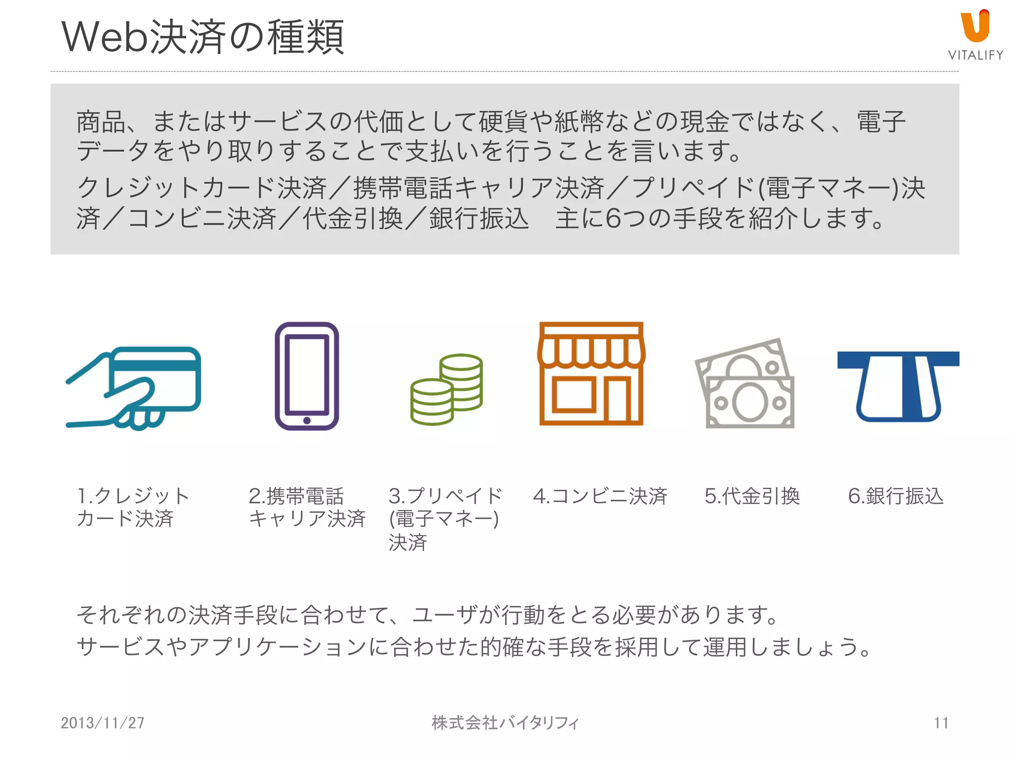 Web決済の種類
商品、またはサービスの代価として硬貨や紙幣などの現金ではなく、電子
データをやり取りすることで支払いを行うことを言います。
クレジットカード決済／携帯電話キャリア決済／プリペイド(電子マネー)決
済／コンビニ決済／代金引換／銀行振込 主に6つの手段を紹介します。

1.クレジット
カード決済

2.携帯電話
キャリア決済

3.プリペイド
(電子マネー)
決済

4.コンビニ決済

5.代金引換

6.銀行振込

それぞれの決済手段に合わせて、ユーザが行動をとる必要があります。
サービスやアプリケーションに合わせた的確な手段を採用して運用しましょう。
2013/11/27

 