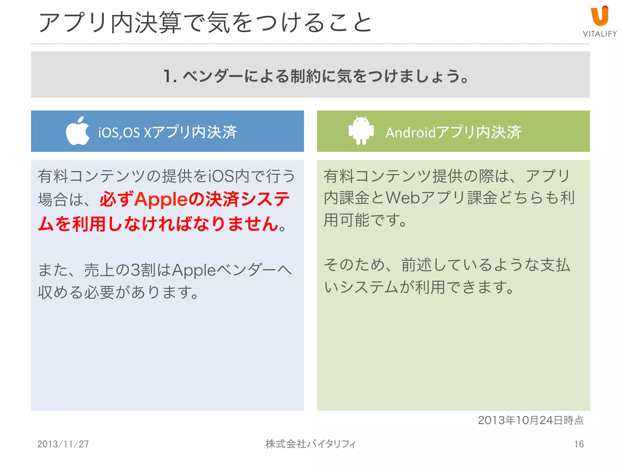アプリ内決済で気をつけること
1. ベンダーによる制約に気をつけましょう。
iOS,OS+X
有料コンテンツの提供をiOS内で行う
場合は、必ずAppleの決済システ

ムを利用しなければなりません。
また、売上の3割はAppleベンダーへ
収める必要があります。

Android
有料コンテンツの提供をAndroidア
プリ内で行う場合は、必ずGoogleの
決済システムを利用しなければなり
ません。
しかし、アプリ内完結ではない、
•  アプリ外で消費できるデジタルコ
ンテンツ、商品
である場合は、目を瞑ってくれま
す( ω )ｽﾔｧ
2013年11月28日時点

2013/11/27

 