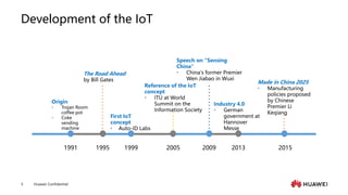 Huawei Confidential
5
Development of the IoT
1991 1995 1999 2005
Origin
• Trojan Room
coffee pot
• Coke
vending
machine
The Road Ahead
by Bill Gates
First IoT
concept
• Auto-ID Labs
Reference of the IoT
concept
• ITU at World
Summit on the
Information Society
2009
Speech on "Sensing
China"
• China's former Premier
Wen Jiabao in Wuxi
2013
Industry 4.0
• German
government at
Hannover
Messe
2015
Made in China 2025
• Manufacturing
policies proposed
by Chinese
Premier Li
Keqiang
 