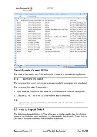 myView




Figure 3 Example of a saved CSV file

The table is then saved as a CSV and can be opened in a spreadsheet application.

6.1.2        Command line export

The command line export from myView allows exports to be scripted and scheduled.

The command line takes 2 parameters

1. Input View file. This is the XML view file that defines what data will be exported.

2. Output CSV file. This is the CSV file that the data is written to.

E.g.,
        java -classpath "ipTableViewerdistipTableViewer.jar" com.itsmp.table.ipTableValues
        All.xml all_cr.csv



6.2 How to import Data?
The data import capabilities of myView allow you to easily migrate data from legacy
systems for initial data load, as well as ongoing periodic data imports. These imports
can be run from the command line and hence automated.




Document Version: 1.0                  itsm IP Pty Ltd– Confidential               Page 29 of 35
 