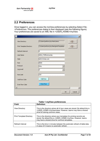 myView




2.2 Preferences
Once logged in, you can access the myView preferences by selecting Select File-
>Preferences. The preferences dialog is then displayed (see the following figure).
Your preferences are saved to an XML file in <USER_HOME>/myView.




                             Table 1 myView preferences
Field                      Definition

View Directory             This is the directory where all of your views are stored. By default this is
                           <USER_HOME>/myView/views. However, teams may have a shared
                           drive for storing common views.

Print Template Directory   This is the directory where your templates for printing records are
                           stored. By default this is <USER_HOME>/myView. However, teams
                           may have a shared drive for common templates.

Refresh Interval           This is the time in minutes between the automatic refresh of table data.
                           A value of 0 means no automatic refresh.




Document Version: 1.0                 itsm IP Pty Ltd– Confidential                       Page 7 of 35
 