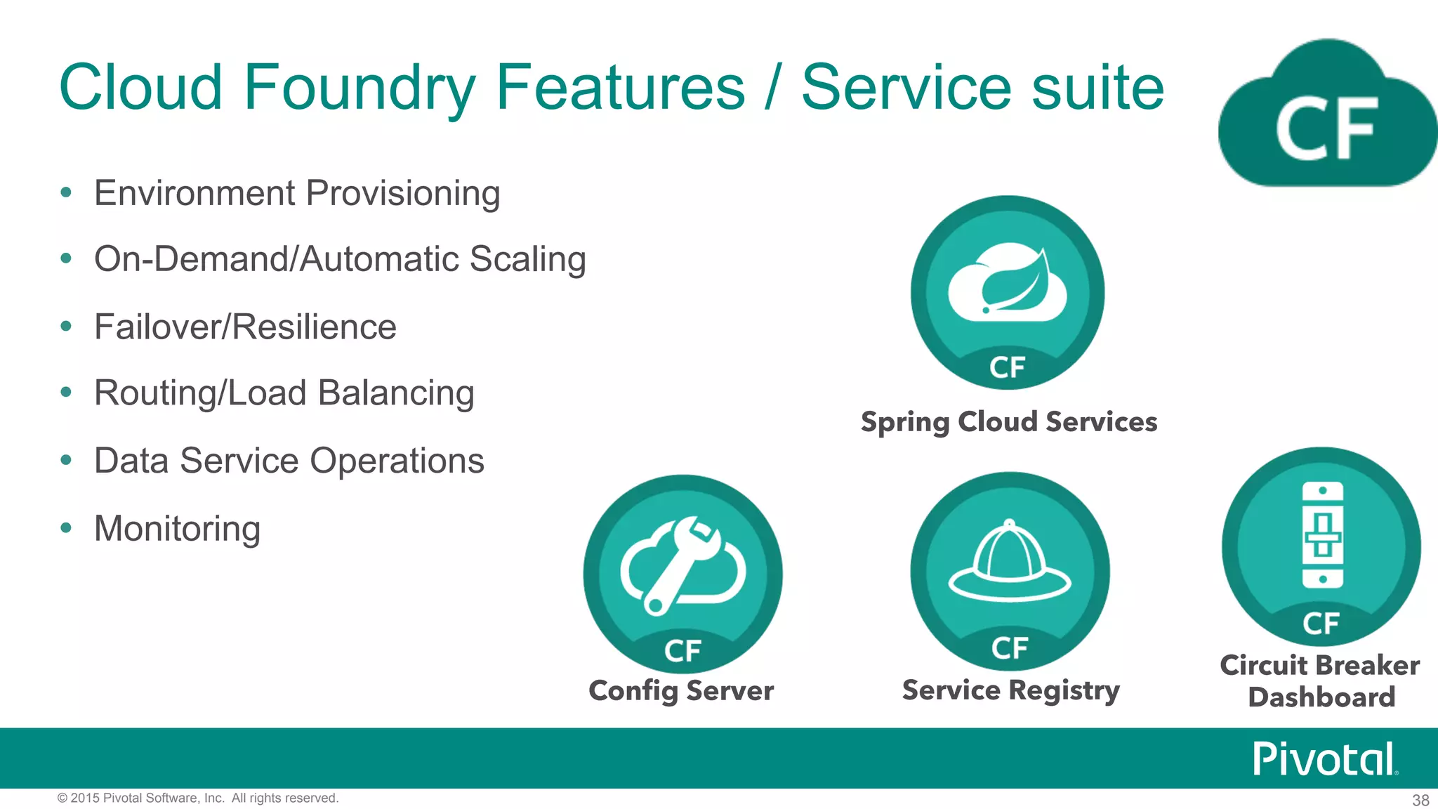 38© 2015 Pivotal Software, Inc. All rights reserved.
Cloud Foundry Features / Service suite
!  Environment Provisioning
!  On-Demand/Automatic Scaling
!  Failover/Resilience
!  Routing/Load Balancing
!  Data Service Operations
!  Monitoring
Conﬁg Server Service Registry
Circuit Breaker
Dashboard
Spring Cloud Services
 