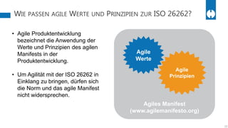 WIE PASSEN AGILE WERTE UND PRINZIPIEN ZUR ISO 26262?
13
Agiles Manifest
(www.agilemanifesto.org)
Agile
Werte
Agile
Prinzipien
• Agile Produktentwicklung
bezeichnet die Anwendung der
Werte und Prinzipien des agilen
Manifests in der
Produktentwicklung.
• Um Agilität mit der ISO 26262 in
Einklang zu bringen, dürfen sich
die Norm und das agile Manifest
nicht widersprechen.
 