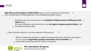 FAZIT
25
Agile Werte und Prinzipien und ISO 26262 lassen sich gut miteinander kombinieren,
wenn die geforderten Arbeitsergebnisse in den Mittelpunkt gestellt werden.„ “
Wir sehen sehr viele Unternehmen, die erhebliche Probleme bei der Erfüllung der ISO
26262 haben.
Wir sehen außerdem viele Unternehmen, die mit agilem Vorgehen großen Erfolg in der
Produktentwicklung haben.„
“
Weil uns funktionale Sicherheit in agilen Produktentwicklungen wichtig ist, ermutigen
wir Sie, unseren vorgestellten Ansatz anzuwenden und zu erweitern, um
funktionale Sicherheit gemäß ISO 26262 umszusetzen.„ “
Diese Tatsache entfacht in uns einen gewissen Enthusiasmus.„ “
Wir unterstützen Sie gerne!
www.hood-group.com/agile
 