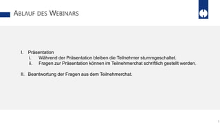 ABLAUF DES WEBINARS
5
I. Präsentation
i. Während der Präsentation bleiben die Teilnehmer stummgeschaltet.
ii. Fragen zur Präsentation können im Teilnehmerchat schriftlich gestellt werden.
II. Beantwortung der Fragen aus dem Teilnehmerchat.
 