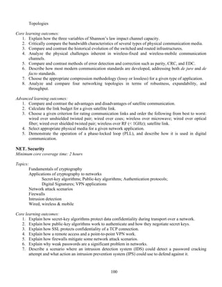 100
Topologies
Core learning outcomes:
1. Explain how the three variables of Shannon’s law impact channel capacity.
2. Critically compare the bandwidth characteristics of several types of physical communication media.
3. Compare and contrast the historical evolution of the switched and routed infrastructures.
4. Analyze the physical challenges inherent in wireless-fixed and wireless-mobile communication
channels.
5. Compare and contrast methods of error detection and correction such as parity, CRC, and EDC.
6. Describe how most modern communication standards are developed, addressing both de jure and de
facto standards.
7. Choose the appropriate compression methodology (lossy or lossless) for a given type of application.
8. Analyze and compare four networking topologies in terms of robustness, expandability, and
throughput.
Advanced learning outcomes:
1. Compare and contrast the advantages and disadvantages of satellite communication.
2. Calculate the link budget for a given satellite link.
3. Choose a given criterion for rating communication links and order the following from best to worst:
wired over unshielded twisted pair; wired over coax; wireless over microwave; wired over optical
fiber; wired over shielded twisted pair; wireless over RF (< 1GHz); satellite link.
4. Select appropriate physical media for a given network application.
5. Demonstrate the operation of a phase-locked loop (PLL), and describe how it is used in digital
communication.
NET. Security
Minimum core coverage time: 2 hours
Topics:
Fundamentals of cryptography
Applications of cryptography to networks
Secret-key algorithms; Public-key algorithms; Authentication protocols;
Digital Signatures; VPN applications
Network attack scenarios
Firewalls
Intrusion detection
Wired, wireless & mobile
Core learning outcomes:
1. Explain how secret-key algorithms protect data confidentiality during transport over a network.
2. Explain how public-key algorithms work to authenticate and how they negotiate secret keys.
3. Explain how SSL protects confidentiality of a TCP connection.
4. Explain how a remote access and a point-to-point VPN work.
5. Explain how firewalls mitigate some network attack scenarios.
6. Explain why weak passwords are a significant problem in networks.
7. Describe a scenario where an intrusion detection system (IDS) could detect a password cracking
attempt and what action an intrusion prevention system (IPS) could use to defend against it.
 