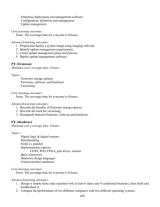 108
Enterprise deployment and management software
Configuration, definition and management
Update management
Core learning outcomes:
None. The coverage time for everyone is 0 hours.
Advanced learning outcomes:
1. Prepare and deploy a system image using imaging software.
2. Identify update management requirements.
3. Create update management plans and policies.
4. Deploy update management software.
PT. Firmware
Minimum core coverage time: 0 hours
Topics:
Firmware storage options
Firmware, software, and hardware
Versioning
Core learning outcomes:
None. The coverage time for everyone is 0 hours.
Advanced learning outcomes:
1. Describe the benefits of firmware storage options.
2. Describe the need for versioning.
3. Distinguish between firmware, software and hardware.
PT. Hardware
Minimum core coverage time: 0 hours
Topics:
Digital logic & digital systems
Benchmarking
Serial vs. parallel
Implementation options
COTS, PLD, FPGA, gate arrays, custom
Basic electronics
Hardware design languages
Virtual machine emulation
Core learning outcomes:
None. The coverage time for everyone is 0 hours.
Advanced learning outcomes:
1. Design a simple finite state machine with at least 6 states and 4 conditional branches, then build and
troubleshoot it.
2. Compare the performance of two different computers with two different operating systems.
 