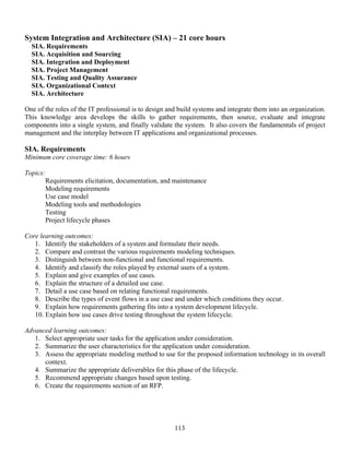 113
System Integration and Architecture (SIA) – 21 core hours
SIA. Requirements
SIA. Acquisition and Sourcing
SIA. Integration and Deployment
SIA. Project Management
SIA. Testing and Quality Assurance
SIA. Organizational Context
SIA. Architecture
One of the roles of the IT professional is to design and build systems and integrate them into an organization.
This knowledge area develops the skills to gather requirements, then source, evaluate and integrate
components into a single system, and finally validate the system. It also covers the fundamentals of project
management and the interplay between IT applications and organizational processes.
SIA. Requirements
Minimum core coverage time: 6 hours
Topics:
Requirements elicitation, documentation, and maintenance
Modeling requirements
Use case model
Modeling tools and methodologies
Testing
Project lifecycle phases
Core learning outcomes:
1. Identify the stakeholders of a system and formulate their needs.
2. Compare and contrast the various requirements modeling techniques.
3. Distinguish between non-functional and functional requirements.
4. Identify and classify the roles played by external users of a system.
5. Explain and give examples of use cases.
6. Explain the structure of a detailed use case.
7. Detail a use case based on relating functional requirements.
8. Describe the types of event flows in a use case and under which conditions they occur.
9. Explain how requirements gathering fits into a system development lifecycle.
10. Explain how use cases drive testing throughout the system lifecycle.
Advanced learning outcomes:
1. Select appropriate user tasks for the application under consideration.
2. Summarize the user characteristics for the application under consideration.
3. Assess the appropriate modeling method to use for the proposed information technology in its overall
context.
4. Summarize the appropriate deliverables for this phase of the lifecycle.
5. Recommend appropriate changes based upon testing.
6. Create the requirements section of an RFP.
 