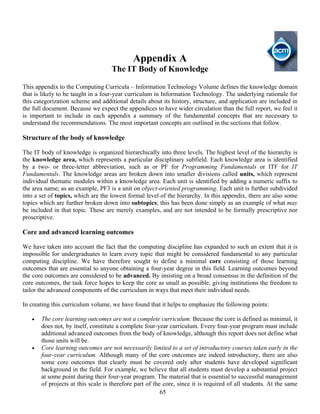 65
Appendix A
The IT Body of Knowledge
This appendix to the Computing Curricula – Information Technology Volume defines the knowledge domain
that is likely to be taught in a four-year curriculum in Information Technology. The underlying rationale for
this categorization scheme and additional details about its history, structure, and application are included in
the full document. Because we expect the appendices to have wider circulation than the full report, we feel it
is important to include in each appendix a summary of the fundamental concepts that are necessary to
understand the recommendations. The most important concepts are outlined in the sections that follow.
Structure of the body of knowledge
The IT body of knowledge is organized hierarchically into three levels. The highest level of the hierarchy is
the knowledge area, which represents a particular disciplinary subfield. Each knowledge area is identified
by a two- or three-letter abbreviation, such as or PF for Programming Fundamentals or ITF for IT
Fundamentals. The knowledge areas are broken down into smaller divisions called units, which represent
individual thematic modules within a knowledge area. Each unit is identified by adding a numeric suffix to
the area name; as an example, PF3 is a unit on object-oriented programming. Each unit is further subdivided
into a set of topics, which are the lowest formal level of the hierarchy. In this appendix, there are also some
topics which are further broken down into subtopics; this has been done simply as an example of what may
be included in that topic. These are merely examples, and are not intended to be formally prescriptive nor
proscriptive.
Core and advanced learning outcomes
We have taken into account the fact that the computing discipline has expanded to such an extent that it is
impossible for undergraduates to learn every topic that might be considered fundamental to any particular
computing discipline. We have therefore sought to define a minimal core consisting of those learning
outcomes that are essential to anyone obtaining a four-year degree in this field. Learning outcomes beyond
the core outcomes are considered to be advanced. By insisting on a broad consensus in the definition of the
core outcomes, the task force hopes to keep the core as small as possible, giving institutions the freedom to
tailor the advanced components of the curriculum in ways that meet their individual needs.
In creating this curriculum volume, we have found that it helps to emphasize the following points:
• The core learning outcomes are not a complete curriculum. Because the core is defined as minimal, it
does not, by itself, constitute a complete four-year curriculum. Every four-year program must include
additional advanced outcomes from the body of knowledge, although this report does not define what
those units will be.
• Core learning outcomes are not necessarily limited to a set of introductory courses taken early in the
four-year curriculum. Although many of the core outcomes are indeed introductory, there are also
some core outcomes that clearly must be covered only after students have developed significant
background in the field. For example, we believe that all students must develop a substantial project
at some point during their four-year program. The material that is essential to successful management
of projects at this scale is therefore part of the core, since it is required of all students. At the same
 