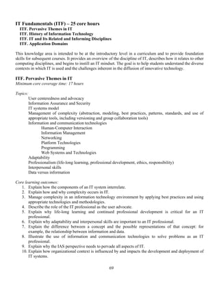 69
IT Fundamentals (ITF) – 25 core hours
ITF. Pervasive Themes in IT
ITF. History of Information Technology
ITF. IT and Its Related and Informing Disciplines
ITF. Application Domains
This knowledge area is intended to be at the introductory level in a curriculum and to provide foundation
skills for subsequent courses. It provides an overview of the discipline of IT, describes how it relates to other
computing disciplines, and begins to instill an IT mindset. The goal is to help students understand the diverse
contexts in which IT is used and the challenges inherent in the diffusion of innovative technology.
ITF. Pervasive Themes in IT
Minimum core coverage time: 17 hours
Topics:
User centeredness and advocacy
Information Assurance and Security
IT systems model
Management of complexity (abstraction, modeling, best practices, patterns, standards, and use of
appropriate tools, including versioning and group collaboration tools)
Information and communication technologies
Human-Computer Interaction
Information Management
Networking
Platform Technologies
Programming
Web Systems and Technologies
Adaptability
Professionalism (life-long learning, professional development, ethics, responsibility)
Interpersonal skills
Data versus information
Core learning outcomes:
1. Explain how the components of an IT system interrelate.
2. Explain how and why complexity occurs in IT.
3. Manage complexity in an information technology environment by applying best practices and using
appropriate technologies and methodologies.
4. Describe the role of the IT professional as the user advocate.
5. Explain why life-long learning and continued professional development is critical for an IT
professional.
6. Explain why adaptability and interpersonal skills are important to an IT professional.
7. Explain the difference between a concept and the possible representations of that concept: for
example, the relationship between information and data.
8. Illustrate the use of information and communication technologies to solve problems as an IT
professional.
9. Explain why the IAS perspective needs to pervade all aspects of IT.
10. Explain how organizational context is influenced by and impacts the development and deployment of
IT systems.
 