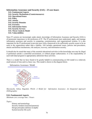 76
Information Assurance and Security (IAS) – 23 core hours
IAS. Fundamental Aspects
IAS. Security Mechanisms (Countermeasures)
IAS. Operational Issues
IAS. Policy
IAS. Attacks
IAS. Security Domains
IAS. Forensics
IAS. Information States
IAS. Security Services
IAS. Threat Analysis Model
IAS. Vulnerabilities
Since IT systems are increasingly under attack, knowledge of Information Assurance and Security (IAS) is
of paramount importance to the profession of IT. The IT professional must understand, apply, and manage
information assurance and security in computing, communication, and organizational systems. It is also
important for the IT professional to provide users with a framework to be sufficiently security aware to be an
asset to the organization rather than a liability. IAS includes operational issues, policies and procedures,
attacks and defense mechanisms, risk analyses, recovery, and information security.
It should also be noted that many of the essential educational activities in this knowledge area may be illegal
if performed outside a controlled environment, or without proper authorization. It is the responsibility of
each individual program to appropriately administer these activities.
There is a model that we have found to be greatly helpful in communicating an IAS model in a relatively
small amount of time and in a basic way. This model is shown in the diagram below.
Maconachy, Schou, Ragsdale, Welch: A Model for Information Assurance: An Integrated Approach
(bibliography)
IAS. Fundamental Aspects
Minimum core coverage time: 3 hours
Topics:
History and terminology
Security mindset (reasoned paranoia)
Design principles (defense in depth)
System/security life-cycle
 