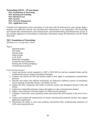 98
Networking (NET) – 22 core hours
NET. Foundations of Networking
NET. Routing and Switching
NET. Physical Layer
NET. Security
NET. Network Management
NET. Application Areas
Virtually all IT applications involve networking. It is the role of the IT professional to select, design, deploy,
integrate, and administer network and communication infrastructures in an organization. This knowledge
area includes data communications, telecommunications, inter/intranetworking, and infrastructure security. It
also includes application of networking to multimedia, information storage and distribution, and the World
Wide Web.
NET. Foundations of Networking
Minimum core coverage time: 3 hours
Topics:
Standards bodies
OSI model
Internet model
Nodes & links
LAN, WAN
Bandwidth, throughput
Components and architectures
Routing and switching (bridging)
Communication protocols
Core learning outcomes:
1. Locate and discuss current standards (i.e. RFC’s, IEEE 802 etc) and how standards bodies and the
standardization process impact networking technology.
2. Compare and contrast the OSI and Internet models as they apply to contemporary communication
protocols.
3. Describe and explain why different technologies are deployed in different contexts of networking,
such as topology, bandwidth, distance, and number of users.
4. Explain the basic components and media of network systems and distinguish between LANs and
WANs.
5. Explain how bandwidth and latency impact throughput in a data communications channel.
6. Deploy a basic Ethernet LAN and compare it to other network topologies.
7. Configure a client and a server operating system and connect the client machine to the server over a
LAN.
8. Analyze and compare the characteristics of various communication protocols and how they support
application requirements.
9. Demonstrate the ability to solve basic problems and perform basic troubleshooting operations on
LANs and connected devices.
 