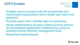 ADFS Enables

 Enables users to access both the on-premises and
  cloud-based organizations with a single user name and
 ...