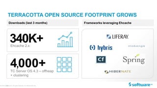 8 |
TERRACOTTA OPEN SOURCE FOOTPRINT GROWS
© 2015 Software AG. All rights reserved. For internal use only
340K+Ehcache 2.x
TC Server OS 4.3 – offheap
+ clustering
4,000+
Downloads (last 3 months) Frameworks leveraging Ehcache
 