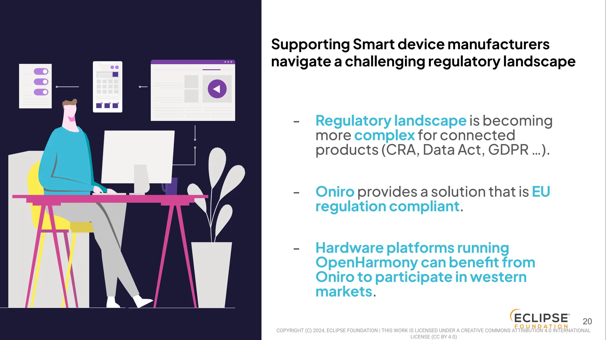 COPYRIGHT (C) 2024, ECLIPSE FOUNDATION | THIS WORK IS LICENSED UNDER A CREATIVE COMMONS ATTRIBUTION 4.0 INTERNATIONAL LICENSE (CC BY 4.0)
COPYRIGHT (C) 2024, ECLIPSE FOUNDATION | THIS WORK IS LICENSED UNDER A CREATIVE COMMONS ATTRIBUTION 4.0 INTERNATIONAL
LICENSE (CC BY 4.0)
Supporting Smart device manufacturers
navigate a challenging regulatory landscape
- Regulatory landscape is becoming
more complex for connected
products (CRA, Data Act, GDPR …).
- Oniro provides a solution that is EU
regulation compliant.
- Hardware platforms running
OpenHarmony can beneﬁt from
Oniro to participate in western
markets.
20
 
