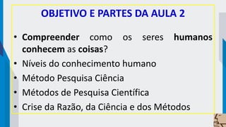 OBJETIVO E PARTES DA AULA 2
• Compreender como os seres humanos
conhecem as coisas?
• Níveis do conhecimento humano
• Método Pesquisa Ciência
• Métodos de Pesquisa Científica
• Crise da Razão, da Ciência e dos Métodos
 