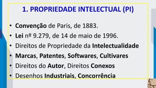 1. PROPRIEDADE INTELECTUAL (PI)
• Convenção de Paris, de 1883.
• Lei nº 9.279, de 14 de maio de 1996.
• Direitos de Propriedade da Intelectualidade
• Marcas, Patentes, Softwares, Cultivares
• Direitos do Autor, Direitos Conexos
• Desenhos Industriais, Concorrência
 