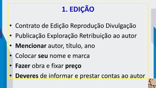 1. EDIÇÃO
• Contrato de Edição Reprodução Divulgação
• Publicação Exploração Retribuição ao autor
• Mencionar autor, título, ano
• Colocar seu nome e marca
• Fazer obra e fixar preço
• Deveres de informar e prestar contas ao autor
 