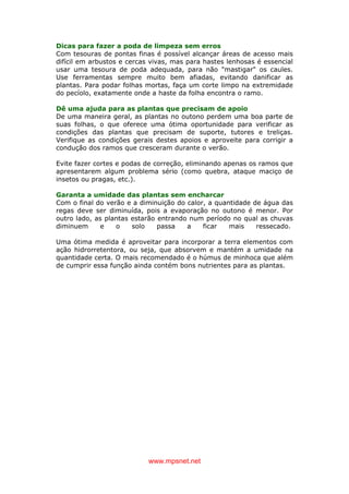 www.mpsnet.net
Dicas para fazer a poda de limpeza sem erros
Com tesouras de pontas finas é possível alcançar áreas de acesso mais
difícil em arbustos e cercas vivas, mas para hastes lenhosas é essencial
usar uma tesoura de poda adequada, para não "mastigar" os caules.
Use ferramentas sempre muito bem afiadas, evitando danificar as
plantas. Para podar folhas mortas, faça um corte limpo na extremidade
do pecíolo, exatamente onde a haste da folha encontra o ramo.
Dê uma ajuda para as plantas que precisam de apoio
De uma maneira geral, as plantas no outono perdem uma boa parte de
suas folhas, o que oferece uma ótima oportunidade para verificar as
condições das plantas que precisam de suporte, tutores e treliças.
Verifique as condições gerais destes apoios e aproveite para corrigir a
condução dos ramos que cresceram durante o verão.
Evite fazer cortes e podas de correção, eliminando apenas os ramos que
apresentarem algum problema sério (como quebra, ataque maciço de
insetos ou pragas, etc.).
Garanta a umidade das plantas sem encharcar
Com o final do verão e a diminuição do calor, a quantidade de água das
regas deve ser diminuída, pois a evaporação no outono é menor. Por
outro lado, as plantas estarão entrando num período no qual as chuvas
diminuem e o solo passa a ficar mais ressecado.
Uma ótima medida é aproveitar para incorporar a terra elementos com
ação hidrorretentora, ou seja, que absorvem e mantém a umidade na
quantidade certa. O mais recomendado é o húmus de minhoca que além
de cumprir essa função ainda contém bons nutrientes para as plantas.
 