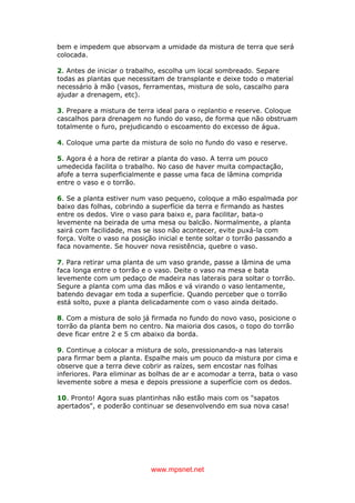 www.mpsnet.net
bem e impedem que absorvam a umidade da mistura de terra que será
colocada.
2. Antes de iniciar o trabalho, escolha um local sombreado. Separe
todas as plantas que necessitam de transplante e deixe todo o material
necessário à mão (vasos, ferramentas, mistura de solo, cascalho para
ajudar a drenagem, etc).
3. Prepare a mistura de terra ideal para o replantio e reserve. Coloque
cascalhos para drenagem no fundo do vaso, de forma que não obstruam
totalmente o furo, prejudicando o escoamento do excesso de água.
4. Coloque uma parte da mistura de solo no fundo do vaso e reserve.
5. Agora é a hora de retirar a planta do vaso. A terra um pouco
umedecida facilita o trabalho. No caso de haver muita compactação,
afofe a terra superficialmente e passe uma faca de lâmina comprida
entre o vaso e o torrão.
6. Se a planta estiver num vaso pequeno, coloque a mão espalmada por
baixo das folhas, cobrindo a superfície da terra e firmando as hastes
entre os dedos. Vire o vaso para baixo e, para facilitar, bata-o
levemente na beirada de uma mesa ou balcão. Normalmente, a planta
sairá com facilidade, mas se isso não acontecer, evite puxá-la com
força. Volte o vaso na posição inicial e tente soltar o torrão passando a
faca novamente. Se houver nova resistência, quebre o vaso.
7. Para retirar uma planta de um vaso grande, passe a lâmina de uma
faca longa entre o torrão e o vaso. Deite o vaso na mesa e bata
levemente com um pedaço de madeira nas laterais para soltar o torrão.
Segure a planta com uma das mãos e vá virando o vaso lentamente,
batendo devagar em toda a superfície. Quando perceber que o torrão
está solto, puxe a planta delicadamente com o vaso ainda deitado.
8. Com a mistura de solo já firmada no fundo do novo vaso, posicione o
torrão da planta bem no centro. Na maioria dos casos, o topo do torrão
deve ficar entre 2 e 5 cm abaixo da borda.
9. Continue a colocar a mistura de solo, pressionando-a nas laterais
para firmar bem a planta. Espalhe mais um pouco da mistura por cima e
observe que a terra deve cobrir as raízes, sem encostar nas folhas
inferiores. Para eliminar as bolhas de ar e acomodar a terra, bata o vaso
levemente sobre a mesa e depois pressione a superfície com os dedos.
10. Pronto! Agora suas plantinhas não estão mais com os "sapatos
apertados", e poderão continuar se desenvolvendo em sua nova casa!
 