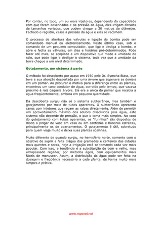 www.mpsnet.net
Por conter, no topo, um ou mais injetores, dependendo da capacidade
com que foram desenhados e da pressão da água, eles irrigam círculos
de tamanhos variados, que podem chegar a 20 metros de diâmetro.
Fechado o registro, cessa a pressão da água e eles se recolhem.
O processo de abertura das válvulas e ligação da bomba pode ser
comandado manual ou eletronicamente. Neste último caso, sob o
comando de um pequeno computador, que liga e desliga a bomba, e
abre e fecha as válvulas, em dias e horários pré-determinados. Pode
fazer até mais, se acoplado a um dispositivo que mede a umidade do
solo, que pode ligar e desligar o sistema, toda vez que a umidade da
terra chegue a um nível determinado.
Gotejamento, um sistema à parte
O método foi descoberto por acaso em 1930 pelo Dr. Symcha Blass, que
teve a sua atenção despertada por uma árvore que superava as demais
em um pomar. Ao procurar o motivo para a diferença entre as plantas,
encontrou um cano condutor de água, corroído pelo tempo, que vazava
próximo à raiz daquela árvore. Ela era a única do pomar que recebia a
água freqüentemente, embora em pequena quantidade.
Da descoberta surgiu não só o sistema subterrâneo, mas também o
gotejamento por meio de tubos aparentes. O subterrâneo apresenta
canos com injetores que regam as raízes diretamente. Além de permitir
um aproveitamento máximo dos adubos dissolvidos pela água, este
sistema não depende de pressão, o que o toma mais simples. No caso
do gotejamento com tubos aparentes, os “furinhos” são dispostos de
modo a pingar de vaso em vaso ou em canteiros e floreiras estreitas,
principalmente os de apartamentos. O gotejamento é útil, sobretudo
para quem viaja muito e deixa suas plantas sozinhas.
Muito diferente de quando surgiu, no hemisfério norte, somente com o
objetivo de suprir a falta d’água dos gramados e canteiros das cidades
mais quentes e secas, hoje a irrigação está se tomando cada vez mais
popular. Com isso, a tendência é a substituição do bom e velho, mas
ultrapassado regador, por métodos ágeis, com equipamentos mais
fáceis de manusear. Assim, a distribuição da água pode ser feita na
dosagem e freqüência necessária a cada planta, de forma muito mais
simples e prática.
 