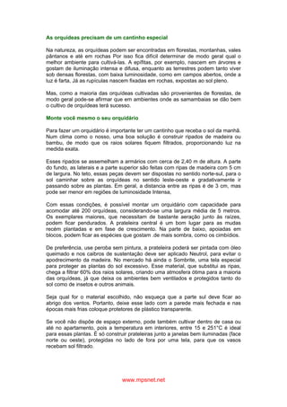 www.mpsnet.net
As orquídeas precisam de um cantinho especial
Na natureza, as orquídeas podem ser encontradas em florestas, montanhas, vales
pântanos e até em rochas Por isso fica difícil determinar de modo geral qual o
melhor ambiente para cultivá-las. A epífitas, por exemplo, nascem em árvores e
gostam de iluminação intensa e difusa, enquanto as terrestres podem tanto viver
sob densas florestas, com baixa luminosidade, como em campos abertos, onde a
luz é farta, Já as rupículas nascem fixadas em rochas, expostas ao sol pleno.
Mas, como a maioria das orquídeas cultivadas são provenientes de florestas, de
modo geral pode-se afirmar que em ambientes onde as samambaias se dão bem
o cultivo de orquídeas terá sucesso.
Monte você mesmo o seu orquidário
Para fazer um orquidário é importante ter um cantinho que receba o sol da manhã.
Num clima como o nosso, uma boa solução é construir ripados de madeira ou
bambu, de modo que os raios solares fiquem filtrados, proporcionando luz na
medida exata.
Esses ripados se assemelham a armários com cerca de 2,40 m de altura. A parte
do fundo, as laterais e a parte superior são feitas com ripas de madeira com 5 cm
de largura. No teto, essas peças devem ser dispostas no sentido norte-sul, para o
sol caminhar sobre as orquídeas no sentido leste-oeste e gradativamente ir
passando sobre as plantas. Em geral, a distancia entre as ripas é de 3 cm, mas
pode ser menor em regiões de luminosidade Intensa,
Com essas condições, é possível montar um orquidário com capacidade para
acomodar até 200 orquídeas, considerando-se uma largura média de 5 metros.
Os exemplares maiores, que necessitam de bastante aeração junto às raízes,
podem ficar pendurados. A prateleira central é um bom lugar para as mudas
recém plantadas e em fase de crescimento. Na parte de baixo, apoiadas em
blocos, podem ficar as espécies que gostam .de mais sombra, como os cimbídios.
De preferência, use peroba sem pintura, a prateleira poderá ser pintada com óleo
queimado e nos caibros de sustentação deve ser aplicado Neutrol, para evitar o
apodrecimento da madeira. No mercado há ainda o Sombrite, uma tela especial
para proteger as plantas do sol excessivo. Esse material, que substitui as ripas,
chega a filtrar 60% dos raios solares, criando uma atmosfera ótima para a maioria
das orquídeas, já que deixa os ambientes bem ventilados e protegidos tanto do
sol como de insetos e outros animais.
Seja qual for o material escolhido, não esqueça que a parte sul deve ficar ao
abrigo dos ventos. Portanto, deixe esse lado com a parede mais fechada e nas
épocas mais frias coloque protetores de plástico transparente.
Se você não dispõe de espaço externo, pode também cultivar dentro de casa ou
até no apartamento, pois a temperatura em interiores, entre 15 e 251°C é ideal
para essas plantas. É só construir prateleiras junto a janelas bem iluminadas (face
norte ou oeste), protegidas no lado de fora por uma tela, para que os vasos
recebam sol filtrado.
 