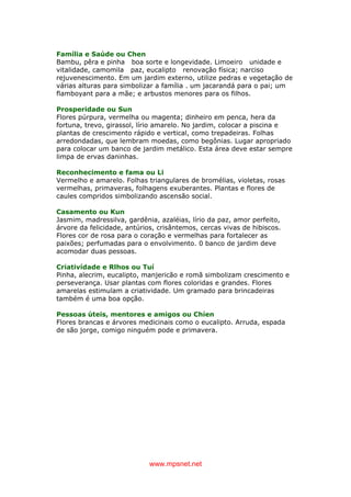 www.mpsnet.net
Família e Saúde ou Chen
Bambu, pêra e pinha boa sorte e longevidade. Limoeiro unidade e
vitalidade, camomila paz, eucalipto renovação física; narciso
rejuvenescimento. Em um jardim externo, utilize pedras e vegetação de
várias alturas para simbolizar a família . um jacarandá para o pai; um
flamboyant para a mãe; e arbustos menores para os filhos.
Prosperidade ou Sun
Flores púrpura, vermelha ou magenta; dinheiro em penca, hera da
fortuna, trevo, girassol, lírio amarelo. No jardim, colocar a piscina e
plantas de crescimento rápido e vertical, como trepadeiras. Folhas
arredondadas, que lembram moedas, como begônias. Lugar apropriado
para colocar um banco de jardim metálico. Esta área deve estar sempre
limpa de ervas daninhas.
Reconhecimento e fama ou Li
Vermelho e amarelo. Folhas triangulares de bromélias, violetas, rosas
vermelhas, primaveras, folhagens exuberantes. Plantas e flores de
caules compridos simbolizando ascensão social.
Casamento ou Kun
Jasmim, madressilva, gardênia, azaléias, lírio da paz, amor perfeito,
árvore da felicidade, antúrios, crisântemos, cercas vivas de hibiscos.
Flores cor de rosa para o coração e vermelhas para fortalecer as
paixões; perfumadas para o envolvimento. 0 banco de jardim deve
acomodar duas pessoas.
Criativídade e Rlhos ou Tuí
Pinha, alecrim, eucalipto, manjericão e romã simbolizam crescimento e
perseverança. Usar plantas com flores coloridas e grandes. Flores
amarelas estimulam a criatividade. Um gramado para brincadeiras
também é uma boa opção.
Pessoas úteis, mentores e amigos ou Chíen
Flores brancas e árvores medicinais como o eucalipto. Arruda, espada
de são jorge, comigo ninguém pode e primavera.
 
