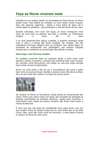www.mpsnet.net
Faça as flores viverem mais
Colhidas em seu próprio jardim ou compradas em floriculturas, as flores
podem durar mais depois de cortadas, se você utilizar certos truques.
Aqui vão algumas regrinhas - desde a troca diária da água até a
conservação na geladeira - para prolongar a vida das flores de seu vaso.
Quando colocadas, num vaso com água, as rosas conseguem viver
cerca de cinco dias, as palmas, seis dias e, acredite, os crisântemos
chegam a durar até 25 dias!
E se você dispensar-Ihes alguns cuidados, é possível prolongar ainda
mais a vida e a beleza das flores cortadas. Na verdade, não são
necessárias fórmulas mágicas para se conseguir isso. Basta seguir os
conselhos de profissionais em, jardinagem, que indicam soluções
simples para o problema da conservação das plantas cortadas.
Vida longa, com técnicas simples
Os cuidados envolvem todo um processo desde o corte (caso você
apanhe a planta no jardim), a escolha dos melhores tipos (caso compre,
por exemplo numa floricultura), até chegar ao vaso que exige atenção
para certas normas fundamentais.
Assim, se você colher a flor do pé, é aconselhável que corte o galho
bem rente ao caule principal, fazendo o possível para não deixar pontas,
afim de que estas não roubem a energia de outras partes
Se comprar as flores na floricultura, esteja atento ao comprimento dos
cabos. Flores com cabos longos em geral, são resultado da utilização de
grandes quantidades de produtos químicos, usados para incentivar o
crescimento mais rápido da planta. Portanto são flores mais fracas e
menos duradouras.
É claro que isso não pode ser considerado uma regra geral, uma vez
que existem flores de hastes longas tão ou mais fortes que as de talos
curtos. Mas, como são muito raras de encontrar, o mais seguro mesmo
é comprar as flores de cabo curto.
 