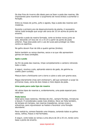 www.mpsnet.net
Os dias frios do inverno são ideais para se fazer a poda das roseiras, tão
importantes para incentivar o surgimento de novos brotos e aumentar a
floração.
Entre os meses de junho, julho e agosto, faça a poda das roseiras sem
mistérios.
Durante o primeiro ano de desenvolvimento da planta, é necessário
retirar toda brotação que surgir até cerca de 15 cm acima do ponto de
enxerto.
Iniciando a poda da roseira formada, corte os brotos novos junto ao
solo, deixando um toco de 12 a 15 cm a partir do ponto de poda
anterior. Faça essa poda com o uso de luvas para proteger as mãos
contra os espinhos.
No galho devem ficar de três a quatro gemas (brotos).
Retire também os ramos doentes, secos e os que não apresentem
gemas em boas condições.
Após a poda
Ao fim da poda das roseiras, limpe completamente o canteiro retirando
todo o mato.
A seguir, revolva o solo, aplicando esterco de gado, de galinha ou
coelho (bem curtido).
Misture bem o fertilizante com a terra e cubra o solo com grama seca.
Regue diariamente (mas sem encharcar!), até que comecem a surgir às
primeiras rosas, cerca de dois meses e meio depois da poda.
Uma poda para cada tipo de roseira
Há vários tipos de roseiras e, evidentemente, uma poda especial para
cada tipo:
Poda baixa
Ideal para rosas-rasteiras, híbridas-de-chá , sempre-floridas, miniaturas
e biscuit. É considerada a poda mais drástica. Deve ser feita também,
de tempos em tempos, nas roseiras trepadeiras, cercas-vivas e
arbustivas, para rejuvenescer as hastes e favorecer uma floração
abundante.
Para realizá-la, comece fazendo uma limpeza, cortando todos os galhos
secos, velhos, fracos e mal formados.
A seguir, corte todas as ramas a uma altura de 20 a 25 cm, tendo como
base o ponto de enxerto.
 