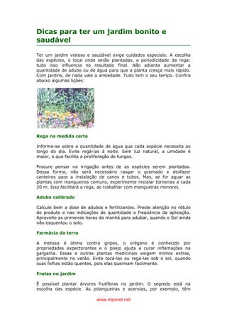 www.mpsnet.net
Dicas para ter um jardim bonito e
saudável
Ter um jardim vistoso e saudável exige cuidados especiais. A escolha
das espécies, o local onde serão plantadas, a periodicidade da rega:
tudo isso influencia no resultado final. Não adianta aumentar a
quantidade de adubo ou de água para que a planta cresça mais rápido.
Com jardins, de nada vale a ansiedade. Tudo tem o seu tempo. Confira
abaixo algumas lições:
Rega na medida certa
Informe-se sobre a quantidade de água que cada espécie necessita ao
longo do dia. Evite regá-las à noite. Sem luz natural, a umidade é
maior, o que facilita a proliferação de fungos.
Procure pensar na irrigação antes de as espécies serem plantadas.
Dessa forma, não será necessário rasgar o gramado e desfazer
canteiros para a instalação de canos e tubos. Mas, se for aguar as
plantas com mangueiras comuns, experimente instalar torneiras a cada
20 m. Isso facilitará a rega, ao trabalhar com mangueiras menores.
Adubo calibrado
Calcule bem a dose de adubos e fertilizantes. Preste atenção no rótulo
do produto e nas indicações de quantidade e freqüência da aplicação.
Aproveite as primeiras horas da manhã para adubar, quando o Sol ainda
não esquentou o solo.
Farmácia da terra
A melissa é ótima contra gripes, o orégano é conhecido por
propriedades expectorantes e o poejo ajuda a curar inflamações na
garganta. Essas e outras plantas medicinais exigem mimos extras,
principalmente no verão. Evite tocá-las ou regá-las sob o sol, quando
suas folhas estão quentes, pois elas queimam facilmente.
Frutas no jardim
É possível plantar árvores frutíferas no jardim. O segredo está na
escolha das espécie. As pitangueiras e acerolas, por exemplo, têm
 