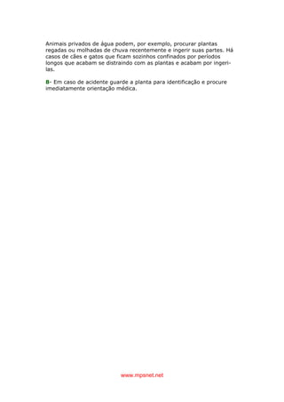 www.mpsnet.net
Animais privados de água podem, por exemplo, procurar plantas
regadas ou molhadas de chuva recentemente e ingerir suas partes. Há
casos de cães e gatos que ficam sozinhos confinados por períodos
longos que acabam se distraindo com as plantas e acabam por ingeri-
las.
8- Em caso de acidente guarde a planta para identificação e procure
imediatamente orientação médica.
 