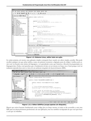 Fundamentos de Programação Java Para Certificações JCA/JCP
10
Figura 1.3: Sistema Linux, editor kate em ação.
Se souber projetar, até mesmo uma aplicação simples conseguirá fazer usando um editor simples, acredite. Mas pode
escolher qualquer um que achar melhor, e para um primeiro momento a digitação pura do código é melhor, pois as-
sim você vai ficando mais íntimo da linguagem e vai aprendendo como que funciona a filosofia da programação em
linguagem Java. Então, você percebeu que o fundamento do Java vai ser mesmo no braço, isso é bom porque você vai
realmente aprender Java sem os vícios de um ambiente integrado de desenvolvimento (IDE).
Figura 1.3.1: Editor EditPlus (ocupa apenas um disquete).
Depois que estiver bastante familiarizado como código Java no braço mesmo, aí então eu lhe aconselho a usar uma
IDE para seu desenvolvimento profissional e de suas aplicações, mas isso também vai depender do que você quer fazer
e com que vai trabalhar.
 