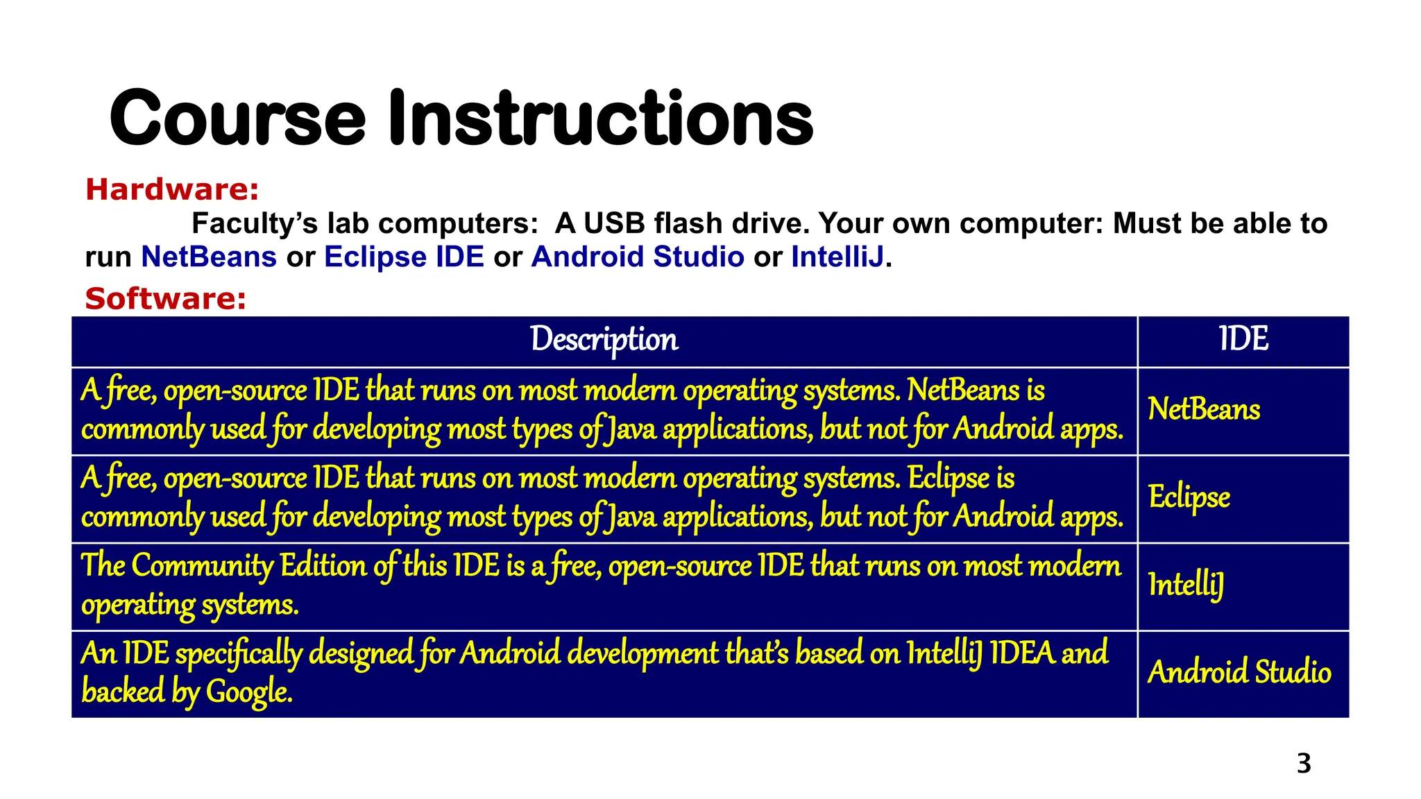 3
Course Instructions
Hardware:
Faculty’s lab computers: A USB flash drive. Your own computer: Must be able to
run NetBeans or Eclipse IDE or Android Studio or IntelliJ.
Software:
Description IDE
A free, open-source IDE that runs on most modern operating systems. NetBeans is
commonly used for developing most types of Java applications, but not for Android apps.
NetBeans
A free, open-source IDE that runs on most modern operating systems. Eclipse is
commonly used for developing most types of Java applications, but not for Android apps.
Eclipse
The Community Edition of this IDE is a free, open-source IDE that runs on most modern
operating systems.
IntelliJ
An IDE specifically designed for Android development that’s based on IntelliJ IDEA and
backed by Google.
Android Studio
 