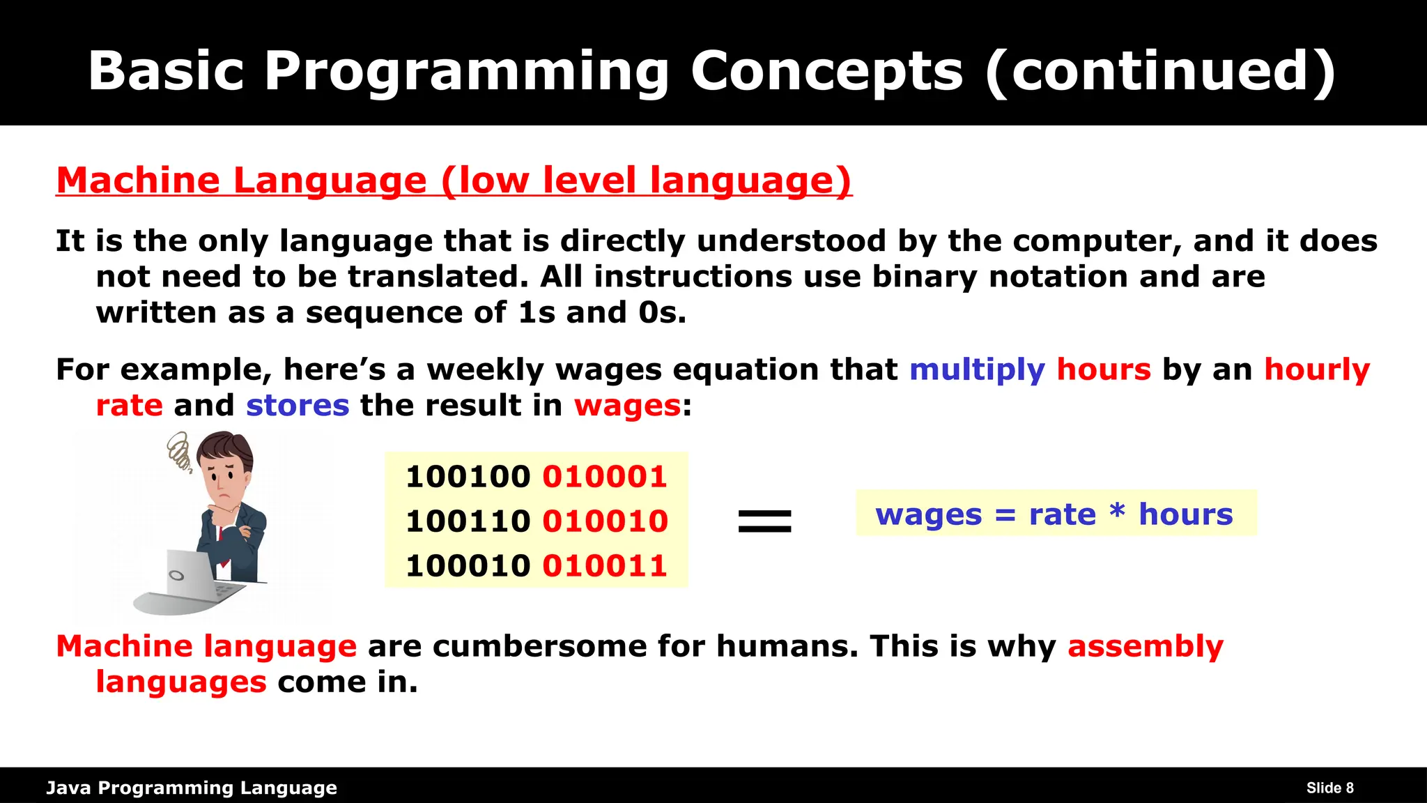 Java Programming Language
Basic Programming Concepts (continued)
Machine Language (low level language)
It is the only language that is directly understood by the computer, and it does
not need to be translated. All instructions use binary notation and are
written as a sequence of 1s and 0s.
For example, here’s a weekly wages equation that multiply hours by an hourly
rate and stores the result in wages:
Machine language are cumbersome for humans. This is why assembly
languages come in.
Slide 8
100100 010001
100110 010010
100010 010011
wages = rate * hours
=
 