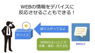 WEBの情報をデバイスに
反応させることもできる！
デバイス
盛り上がってるよ
SNSなど
WEBのよいところ
収集・通知・見える化
 