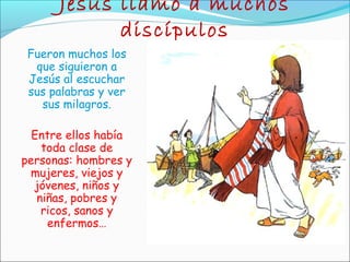 Jesús llamó a muchos
discípulos
Fueron muchos los
que siguieron a
Jesús al escuchar
sus palabras y ver
sus milagros.
Entre ellos había
toda clase de
personas: hombres y
mujeres, viejos y
jóvenes, niños y
niñas, pobres y
ricos, sanos y
enfermos…
 