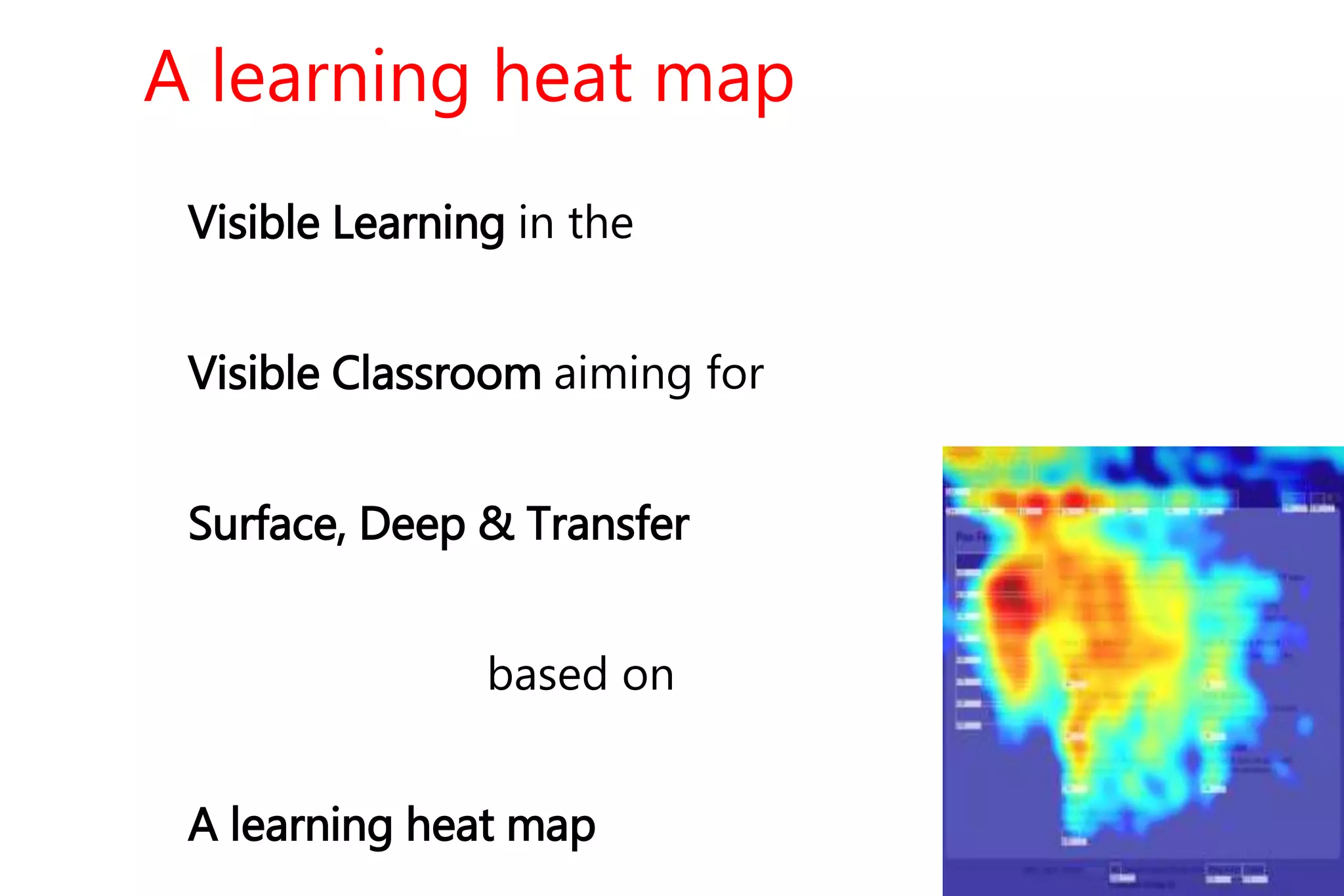 A learning heat map 
Visible Learning in the 
Visible Classroom aiming for 
Surface, Deep & Transfer 
based on 
A learning heat map 
 