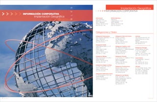 12 Anuario 07
INFORMACIÓN CORPORATIVA
Implantación Geográfica
CONDUCTASRESPONSABLES
13Anuario 07
Delegación Extremadura
Avda. Sinforiano Madroñero, nº 1-1º A
06011 BADAJOZ
Teléfono: 924 22 14 43
Fax: 924 24 94 21
Delegación Sevilla
Diego Martínez Barrio, nº 4-4º
Módulo 8
Edificio Viapol Center
41013 SEVILLA
Teléfono: 954 54 64 40
Fax: 954 41 19 85
Delegación Málaga
Avda. de la Aurora, nº 15-6º A
29002 MÁLAGA
Teléfono: 952 36 97 68
Fax: 952 36 97 68
Delegación Aragón-La Rioja
C/ Coso, nº 98-100-4º Of. 6
50001 ZARAGOZA
Teléfono: 976 20 60 69
Fax: 976 48 40 95
Delegación Edificación Centro
C/ Concha Espina, nº 8-2º izq.
28036 MADRID
Teléfono: 915 90 03 63
Fax: 915 90 03 65
Implantación Geográfica
Sede Social
Avda. Sinforiano
Madroñero, nº 24-26
06011 BADAJOZ
Teléfono: 924 20 72 00
Fax: 924 20 71 96
Oficina Ejecutiva
Plaza de la
Independencia, nº 2-2º
28001 MADRID
Teléfono: 914 26 15 58
Fax: 914 35 69 37
Delegación Obra Civil Centro
Polígono industrial
Río Marchés, nº 67
45007 TOLEDO
Teléfono: 925 23 24 60
Fax: 925 23 39 21
Delegación Castilla y León
Pza. Marcos Fernández, nº 3
Entreplanta Of. C - Edificio Montecarlo
47014 VALLADOLID
Teléfono: 983 36 25 11
Fax: 983 35 42 30
Delegación Tenerife
C/ Los Llanos, nº 7, Edificio 4-1º Of. 6
Edificio Los Dragos
38003 TENERIFE
Teléfono: 922 595 818
Fax: 922 595 815
Delegación Fuerteventura
Barranco Pilón, nº 7 B
35600 FUERTEVENTURA
Teléfono: 928 85 50 82
Fax: 928 85 50 92
Delegación Las Palmas
Avda. Juan XXIII, nº 1-1º A
Edificio Guayarmina y Guanche
35004 LAS PALMAS
DE GRAN CANARIA
Teléfono: 928 291 198
Fax: 928 291 211
Intervías
Ctra. Nacional 340, Km. 647
30835 Sangonera La Seca
MURCIA
Teléfono: 968 89 24 64
Fax: 968 89 24 37
Delegación Portugal
Campo Mártires da Pátria,
nº 19 a 21 r/c Elevado
1150 - 261 LISBOA
Teléfono: +351 218 86 31 88
Fax: +351 218 86 31 88
Joca Ucrania
C/ Rudanskogo 1, oficina 2,
79000 LVIV
Tel.: +38 032 261 49 52
Fax: +38 032 261 49 25
TECdeR
Av. Dom Helder Câmara, 3376
Del Castillo - Rio de Janeiro
RJ 21050-451 (BRASIL)
Tel.: +55 21 2582 2300
Fax: +55 21 2241 2245
Delegaciones y Filiales
INFORMACIÓN CORPORATIVA
 