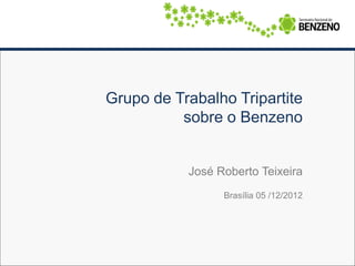 Grupo de Trabalho Tripartite
          sobre o Benzeno


           José Roberto Teixeira
                 Brasília 05 /12/2012
 