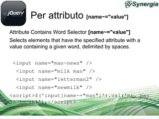 Per attributo [name~="value"]
Attribute Contains Word Selector [name~="value"]
Selects elements that have the specified attribute with a
value containing a given word, delimited by spaces.


 <input name="man­news" />
  <input name="milk man" />
  <input name="letterman2" />
  <input name="newmilk" />
<script>$('input[name~="man"]').val('mr. man 
is in it!');</script>
 