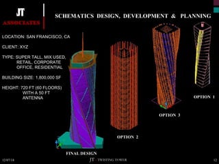 SCHEMATICS DESIGN, DEVELOPMENT & PLANNING 
LOCATION: SAN FRANCISCO, CA 
CLIENT: XYZ 
TYPE: SUPER TALL, MIX USED, 
RETAIL, CORPORATE 
OFFICE, RESIDENTIAL 
BUILDING SIZE: 1,800,000 SF 
HEIGHT: 720 FT (60 FLOORS) 
WITH A 50 FT 
ANTENNA OPTION 1 
OPTION 3 
OPTION 2 
FINAL DESIGN 
JT – TWISTING TOWER 
12/07/14 12 
 
