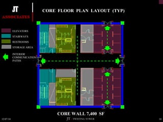 CORE FLOOR PLAN LAYOUT (TYP) 
CORE WALL 7,400 SF 
ELEVATORS 
STAIRWAYS 
RESTROOMS 
STORAGE AREA 
INTERIOR 
COMMUNICATION 
PATHS 
JT – TWISTING TOWER 
12/07/14 14 
 
