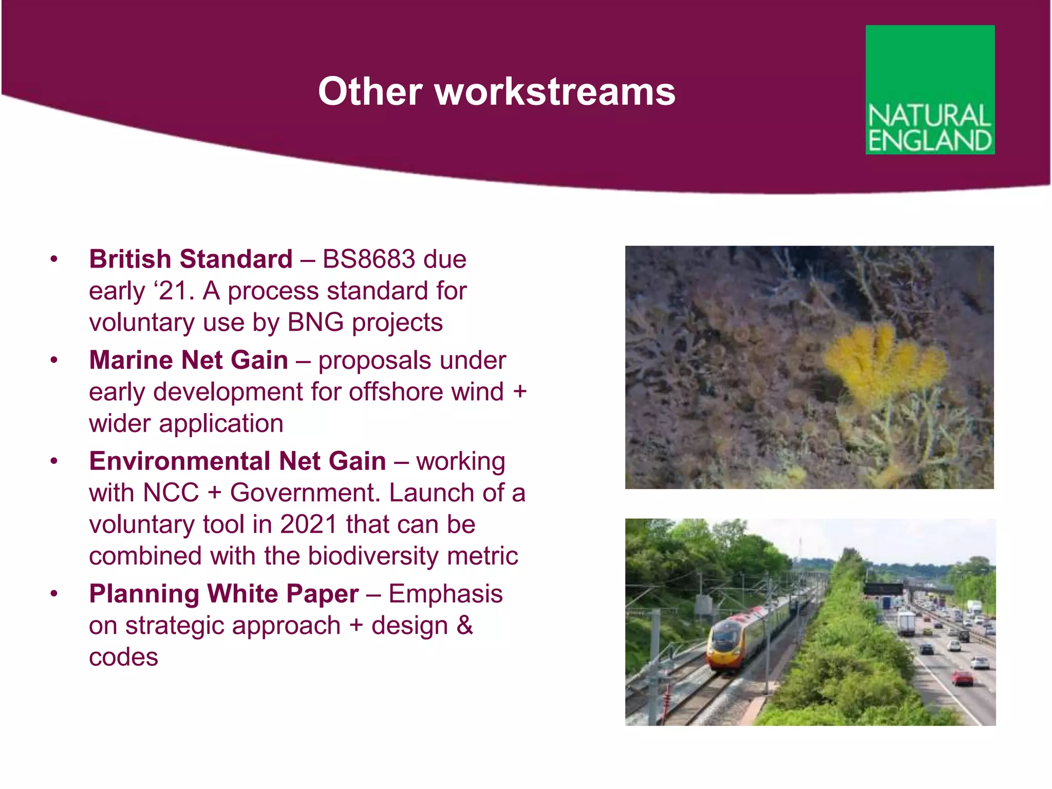 Other workstreams
• British Standard – BS8683 due
early ‘21. A process standard for
voluntary use by BNG projects
• Marine Net Gain – proposals under
early development for offshore wind +
wider application
• Environmental Net Gain – working
with NCC + Government. Launch of a
voluntary tool in 2021 that can be
combined with the biodiversity metric
• Planning White Paper – Emphasis
on strategic approach + design &
codes
 