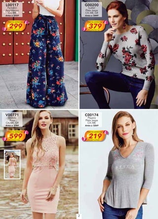 2
L00117
Pantalón
Azul Marino
CH, ME
Antes a: $559
PRECIO ESPECIAL
$299PC2023033
G00200
Suéter
Plata Jaspe
CH, ME, GR
Antes a: $449
PRECIO ESPECIAL
$379PC2929214
V00771
Vestido
Rosa
CH, ME, GR
Antes a: $749
PRECIO ESPECIAL
$599PC0446106
C00174
Playera
Plata Jaspe
CH, ME
Antes a: $269
PRECIO ESPECIAL
$219PC8016949
 