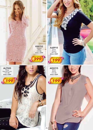 35
V00752
Vestido
Rosa
CH, ME
Antes a: $749
PRECIO ESPECIAL
$399PC4730706
AJ0910
Blusa
Negro
ME, GR
Antes a: $249
PRECIO ESPECIAL
$199PC4515385
AL7503
Blusa
Natural Crudo
CH, ME
Antes a: $269
PRECIO ESPECIAL
$199PC3115361
AO2215
Blusa
Arena
CH, GR
Antes a: $229
PRECIO ESPECIAL
$199PC3115311
 